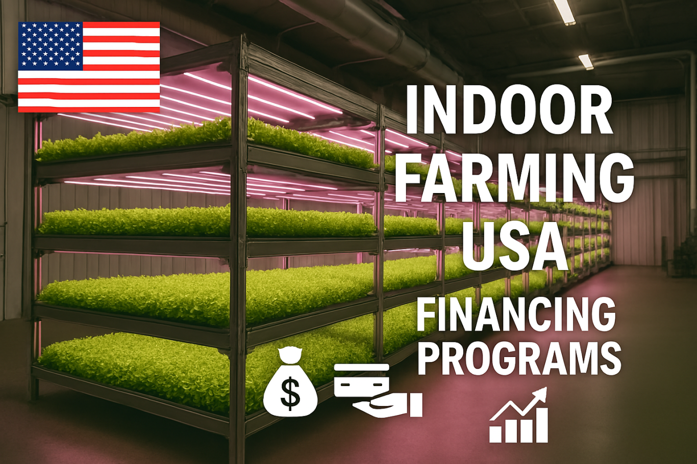 Indoor Farming Financing Programs USA Green crops on shelves in an indoor farm with information about financing programs.