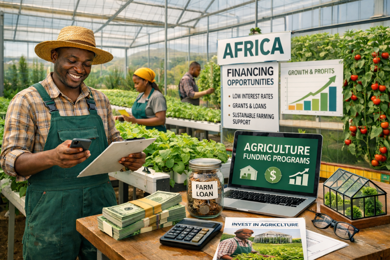 Financing Programs Agriculture Africa Farmer with tablet and money in greenhouses, with others caring for plants and showing graphs.