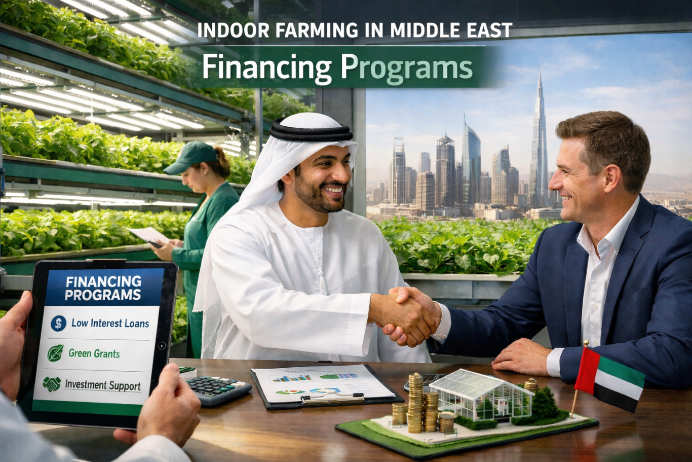 Indoor Farming Financing Programs Middle East Man in traditional clothing and businessman shaking hands, indoors in an open-plan office.
