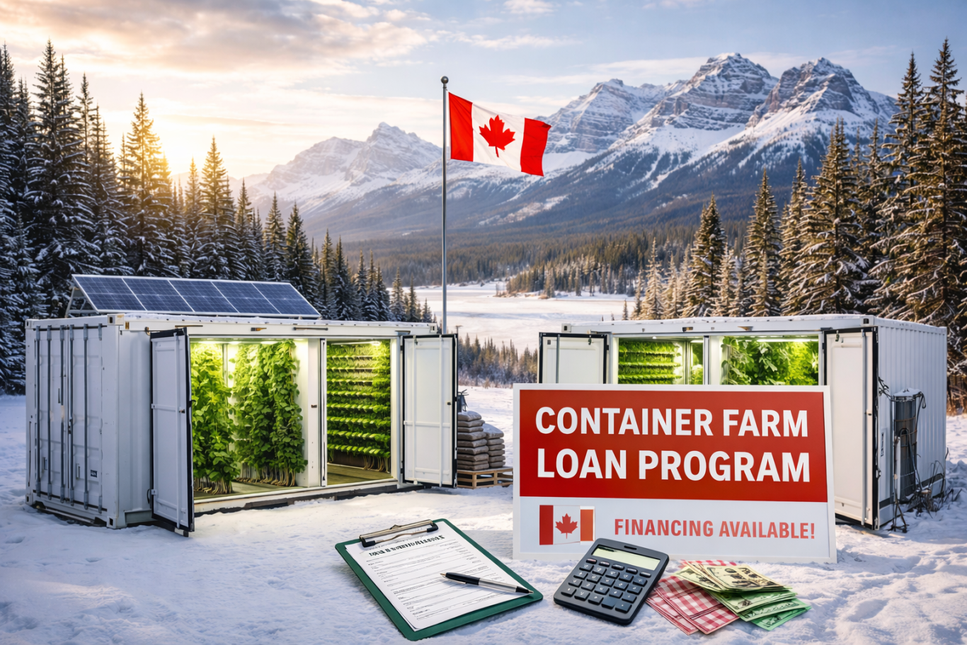 Container Farm Loan Program Canada Container farm setup in a snowy landscape with a Canadian flag and loan program details.